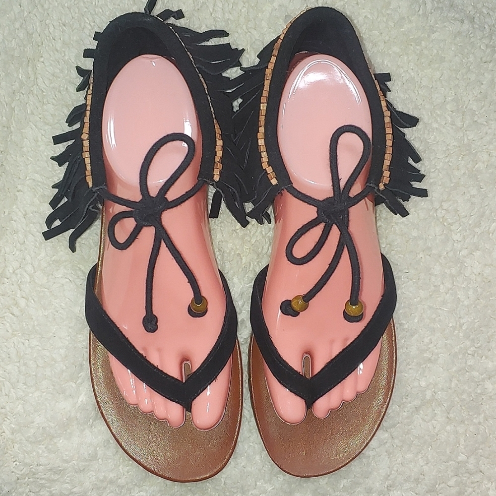 MIA Native Black Fringe Beaded Suede Leather Sandals - Picture 3 of 9
